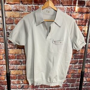 Vintage Men's Classic Gray woven Polo Shirt medium large short sleeve